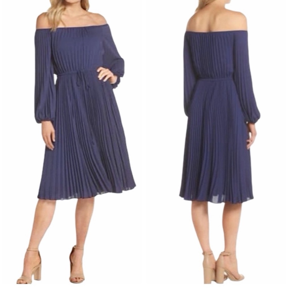 Gal Meets Glam Elise Off-Shoulder Pleated Dress Navy Blue Long Sleeve Midi SZ 2